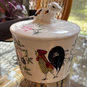 Vintage Porcelain biscuit Jar with Rooster and Cow Design